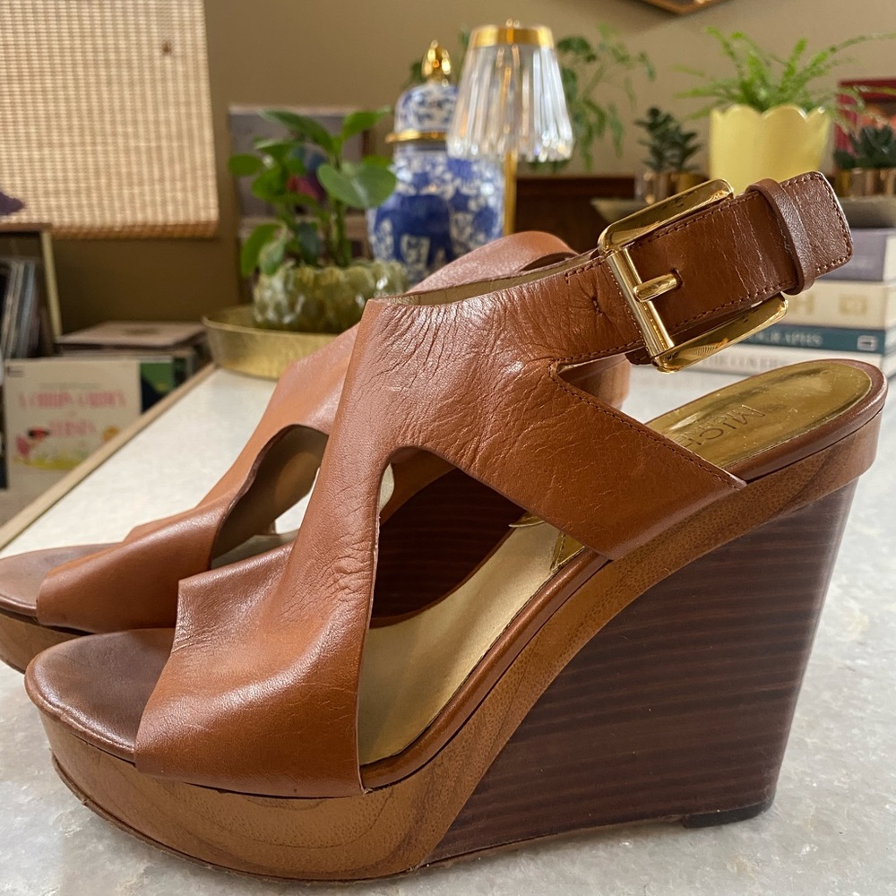 MICHAEL Michael Kors Women's Brown Leather Wedge Sandals with Gold Buckle